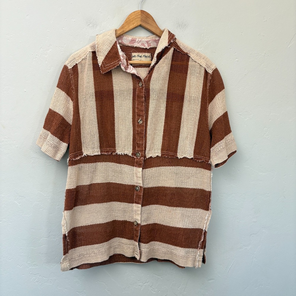 We The Free Cabana Del Mar Shirt Women Size Small Brown Cream Button Up Mesh